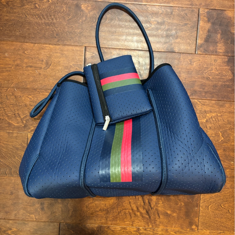 RARE Threaded Pear Navy Blue Tote Bag w/Matching Pouch Teacher Mom Boss Babe